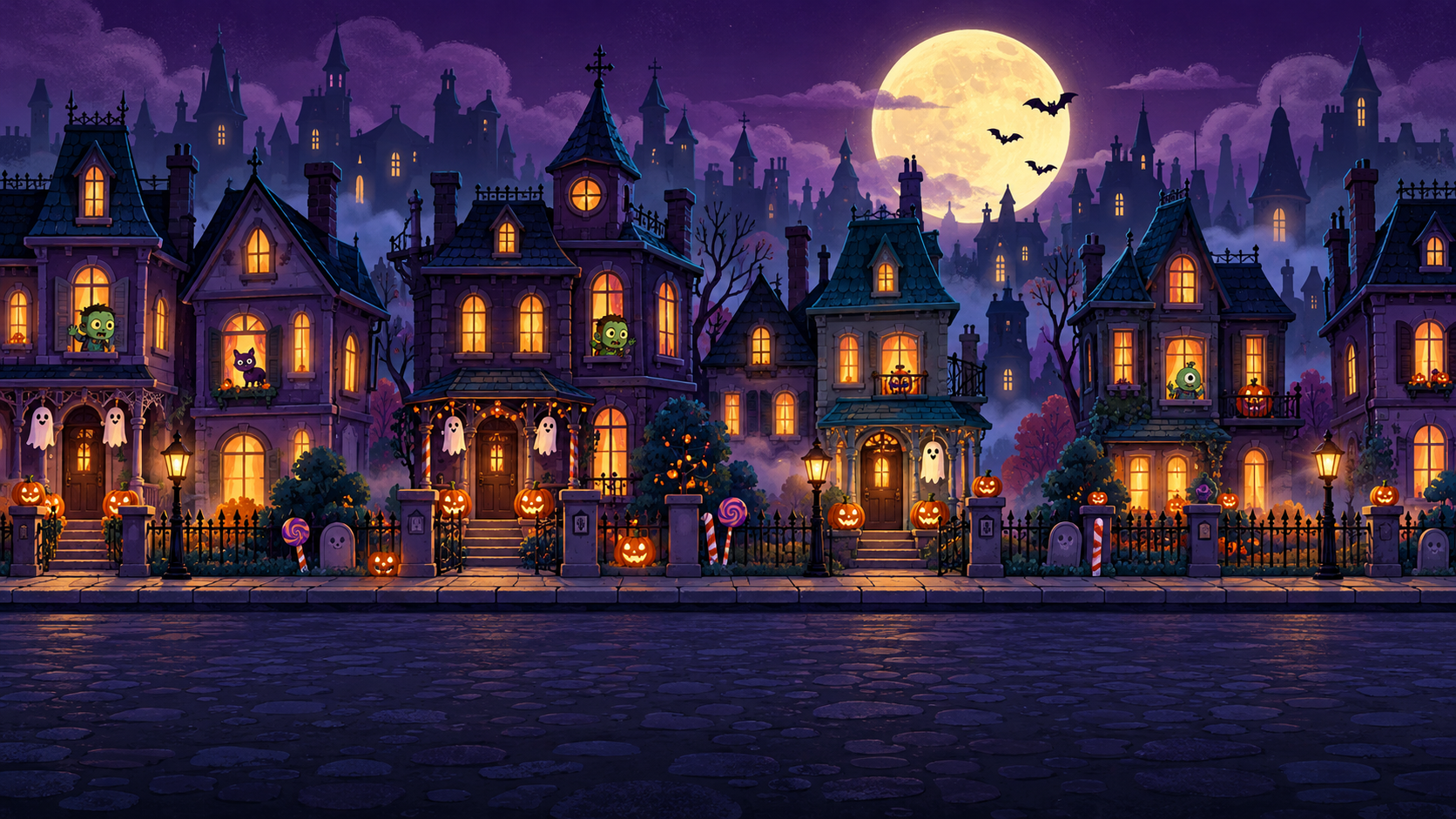 A spooky Halloween street with haunted houses